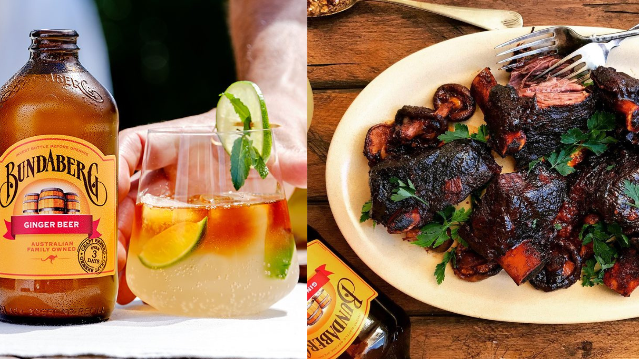 A Dark and Stormy cocktail with Bundaberg Ginger Beer alongside ginger beer braised beef ribs with mushrooms