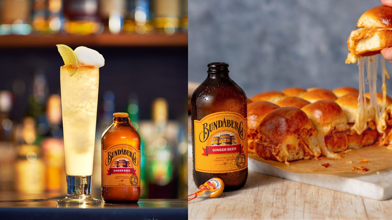 A Honey, I'm Home cocktail with Bundaberg Ginger Beer alongside ginger beer pulled chicken sliders