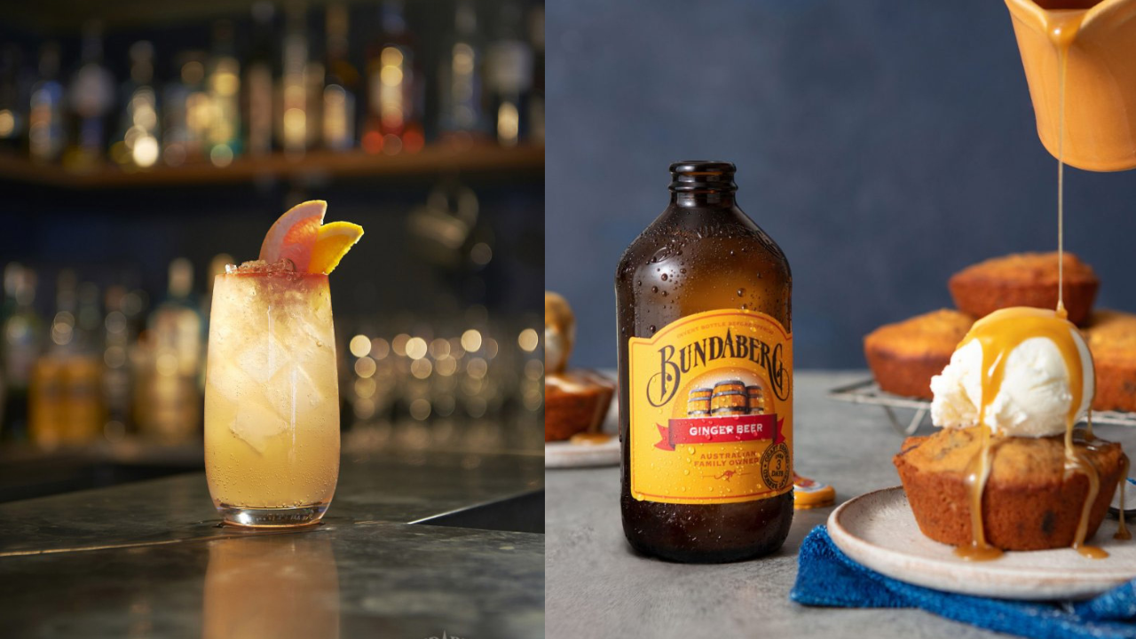 A Fernley's Finest cocktail with Bundaberg Ginger Beer alongside mini sticky date ginger puddings